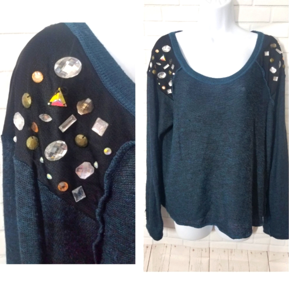 Turquoise Blue Jeweled Rhinestone Sweater